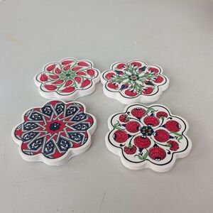 Artisan Floral Ceramic Coaster Set - Red, Green, Blue Colorful Festive Summer